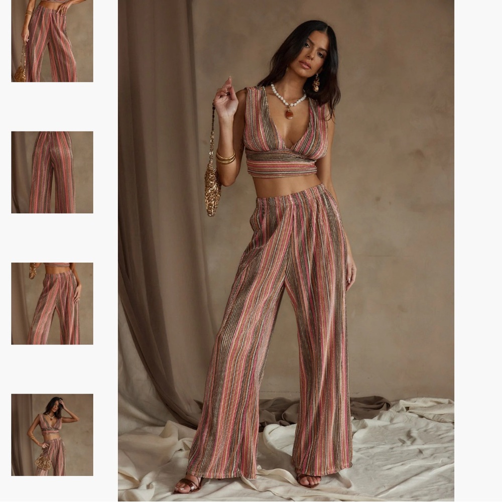 12 Tribe PLISSE SET deep neck top & wide leg pants